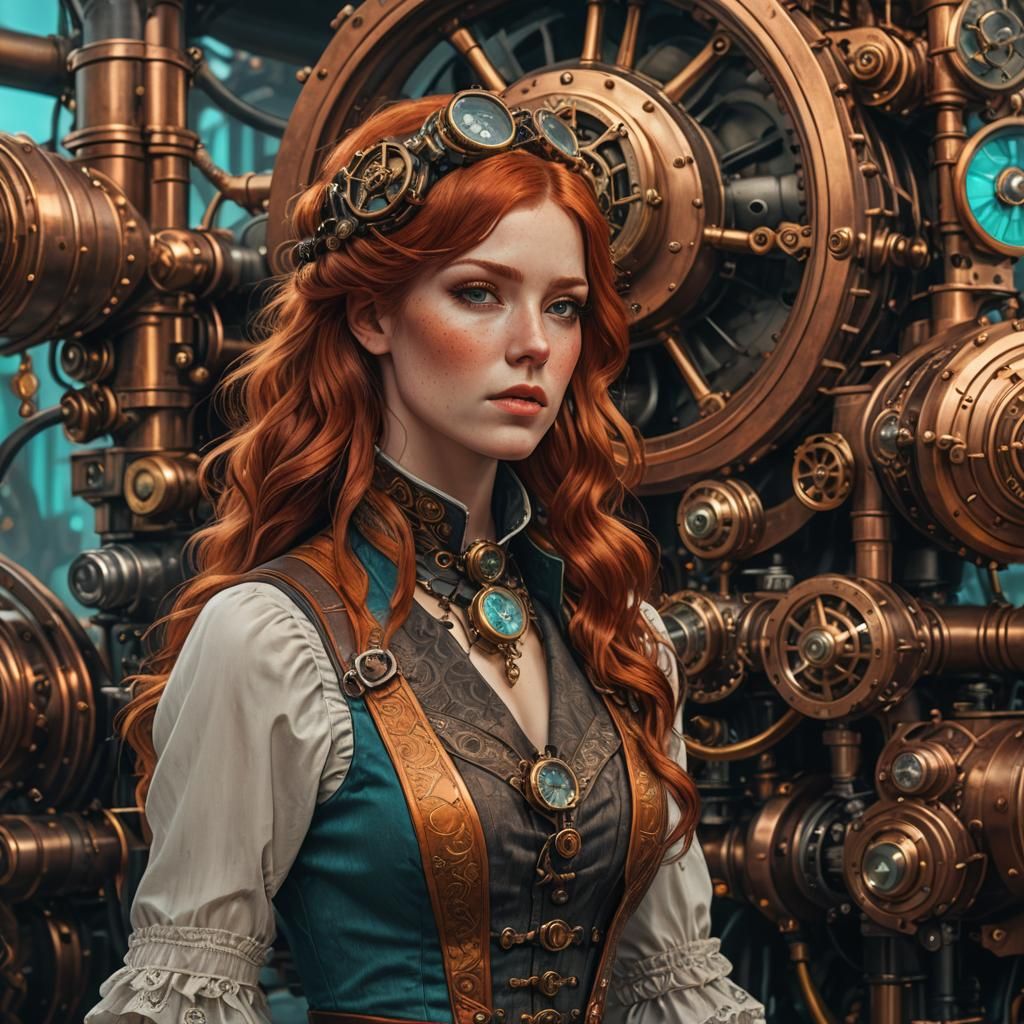 Redhead Victorian Woman in Steampunk Style