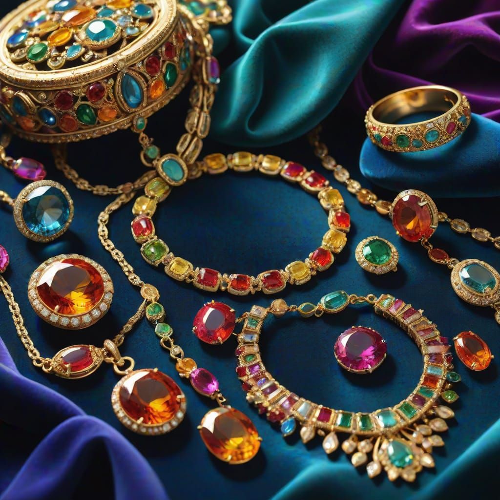 Luxurious Oil Painting of Vibrant Jewelry and Gems