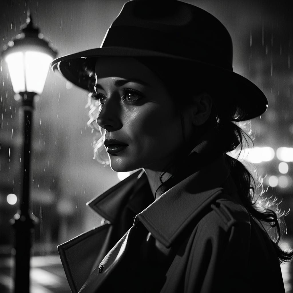 Classic Film Noir Close-Up: Woman in Trench Coat and Fedora