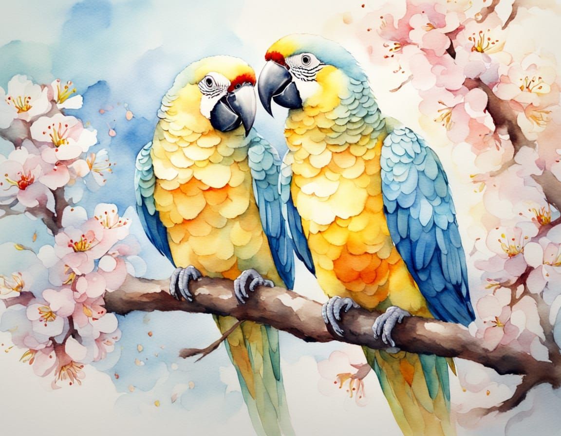 Watercolor Parrots on Cherry Blossoms