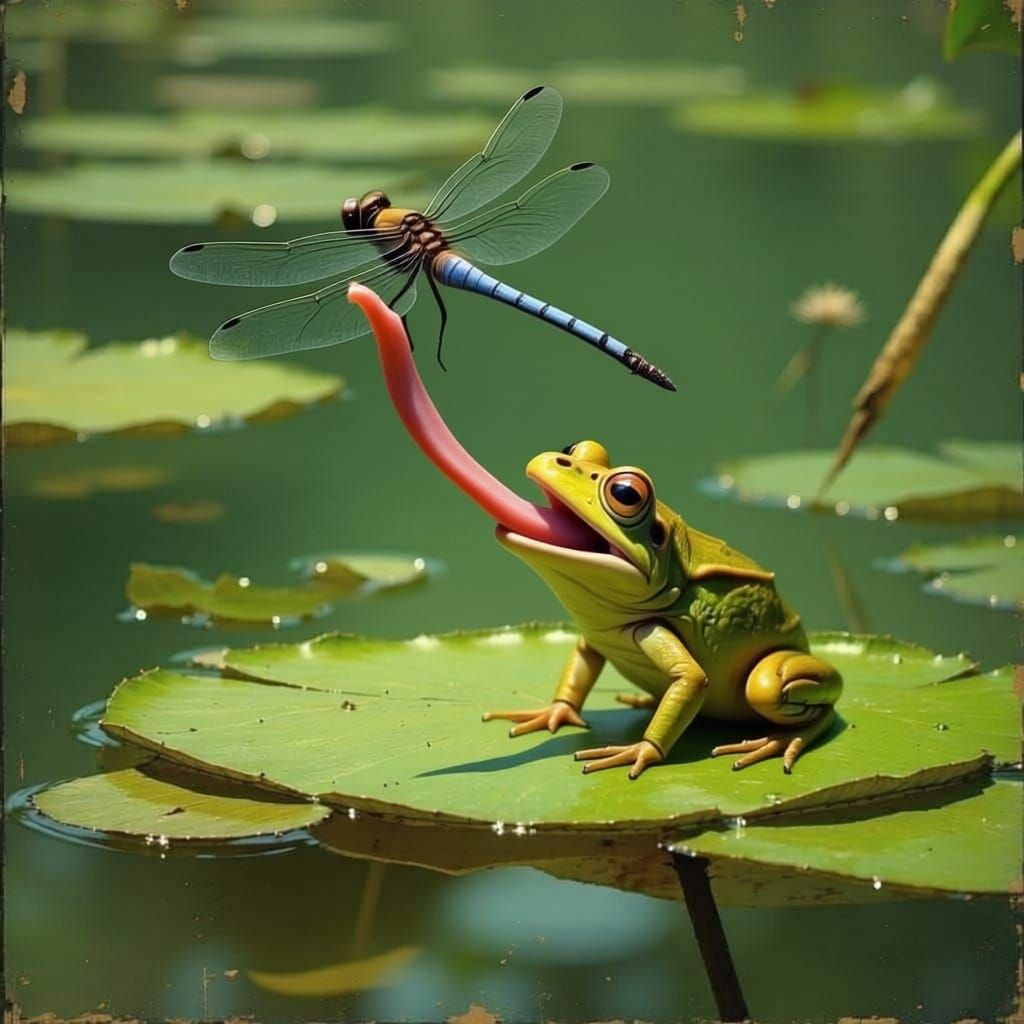 Frog Catches Fly Over Pond in Realistic Style