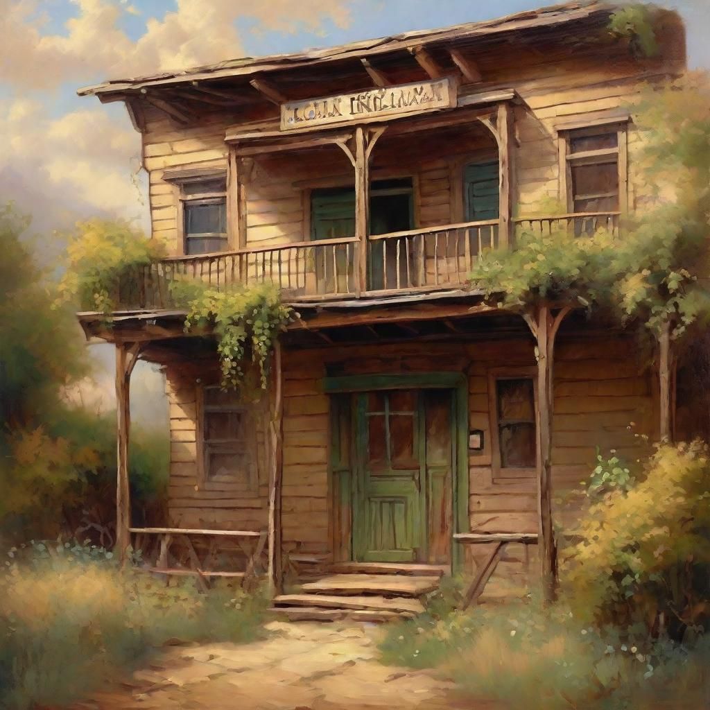 Overgrown Western Saloon in Rustic Oil Painting Style