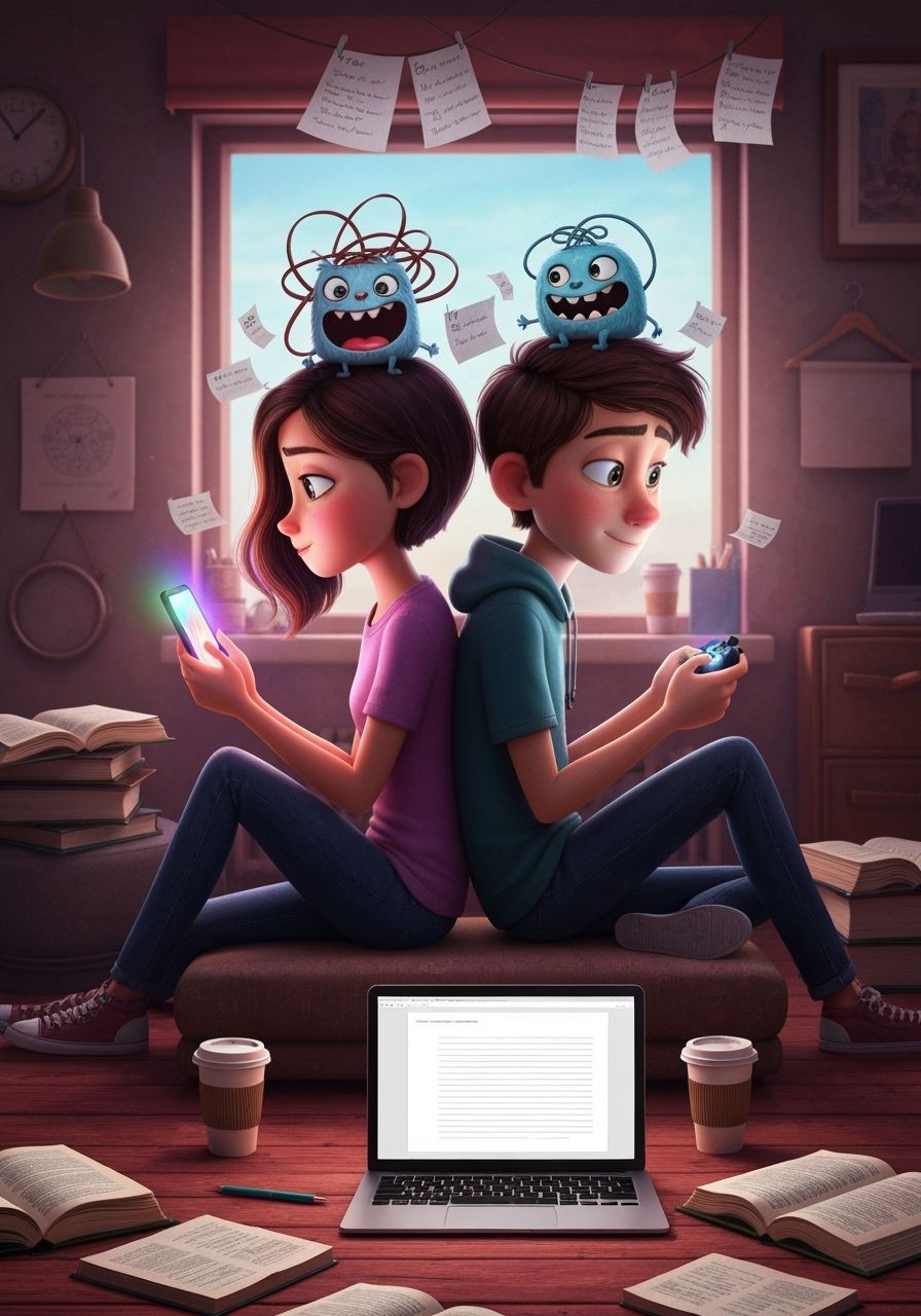 Pixar Style Animated Poster: Teens Study Amidst Monster Chao...