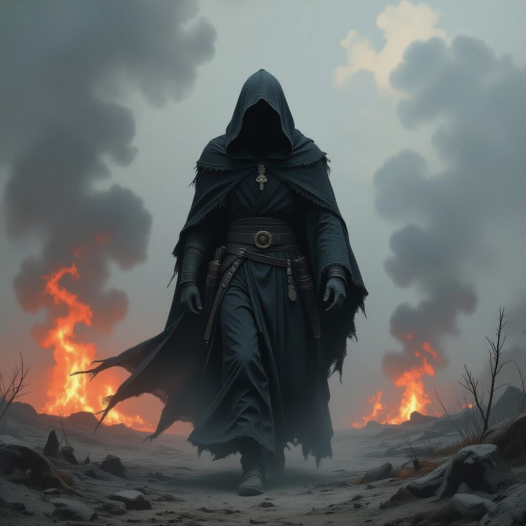 Hooded Figure in a Desolate, Burning Landscape