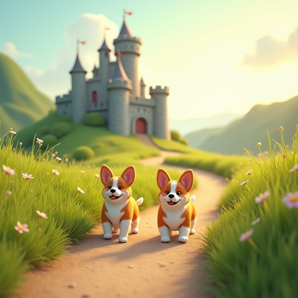 Corgis on a Path to a Castle: 3D Digital Art