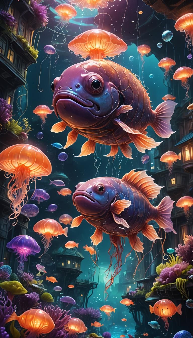 Lush Underwater City with Iridescent Blobfish