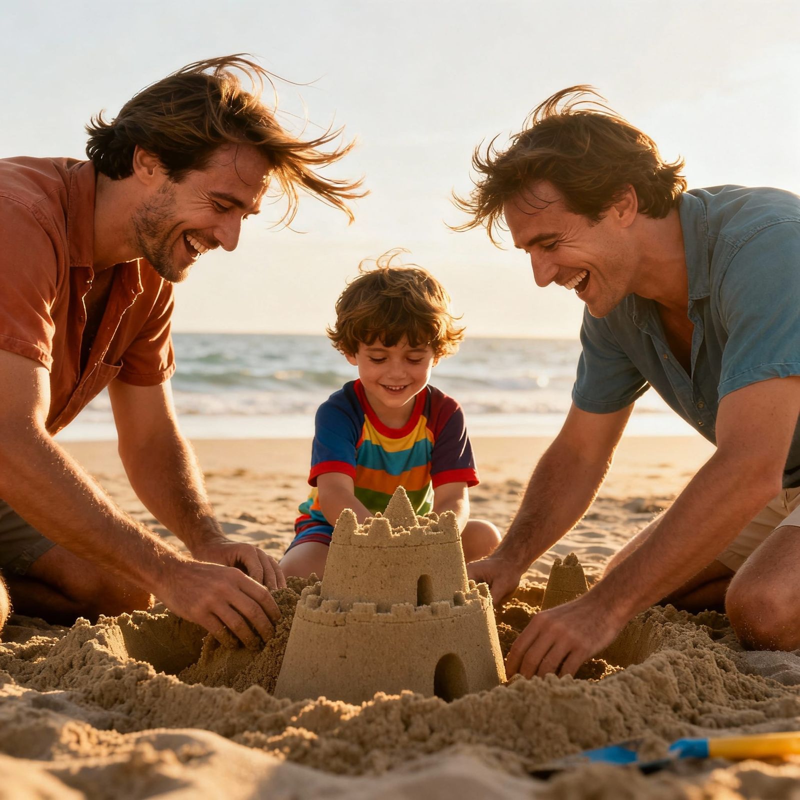 Joyful Family Beach Day Building Sandcastles