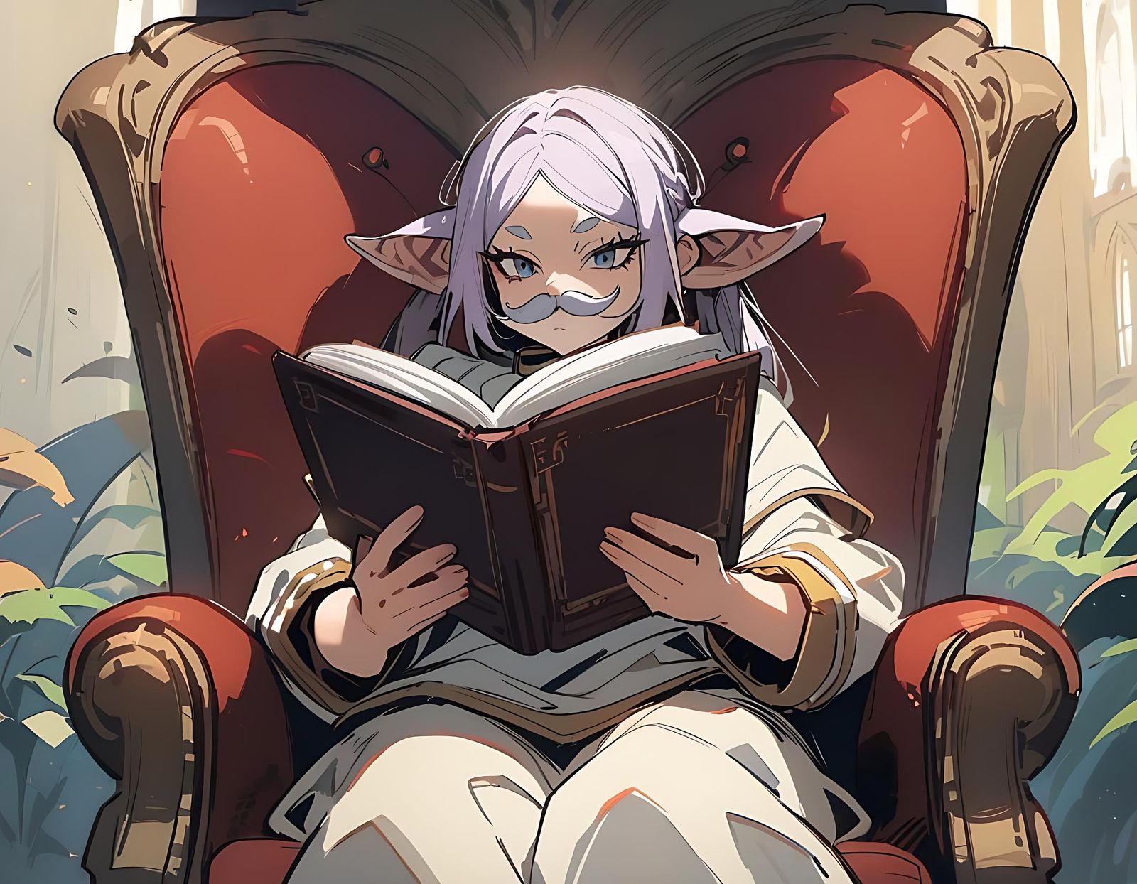 Frieren Reading, Divine Light, Digital Illustration