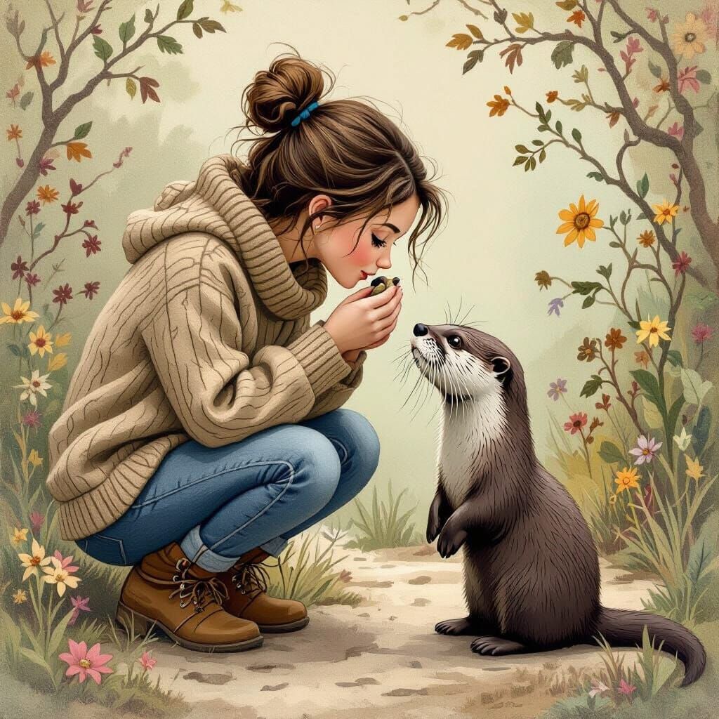 Woman Sniffs Otter in Whimsical Earthy Style