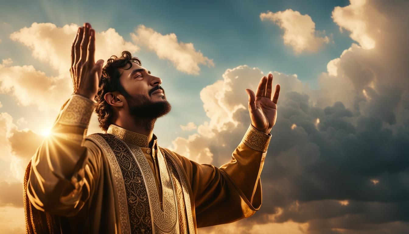 Surreal Praying Man with Divine Glow in Hyperrealistic Style