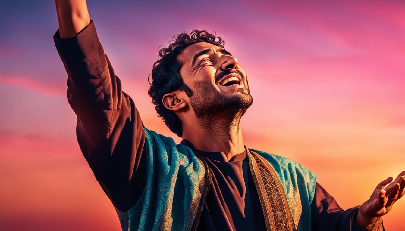 Emotional Portrait of Praying Man with Sunset Sky