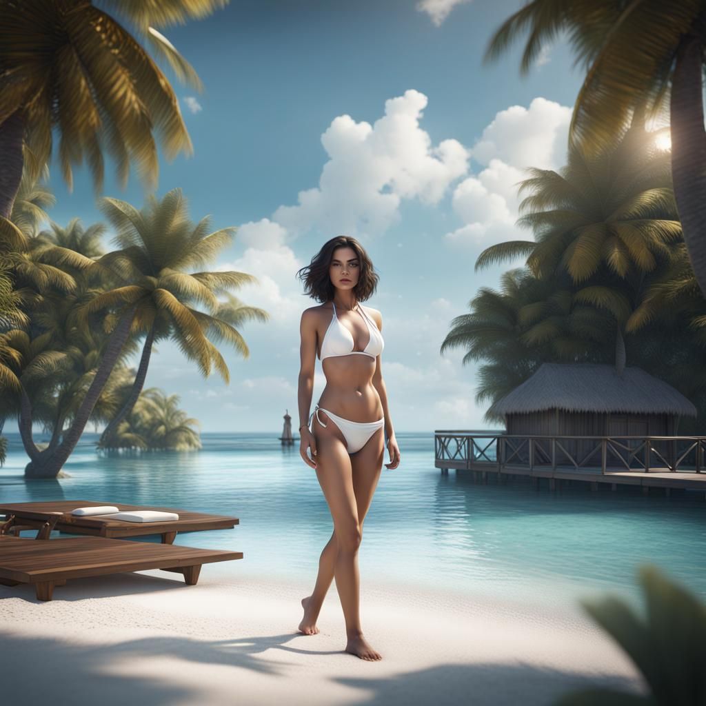 Brunette in White Bikini on Maldives Beach