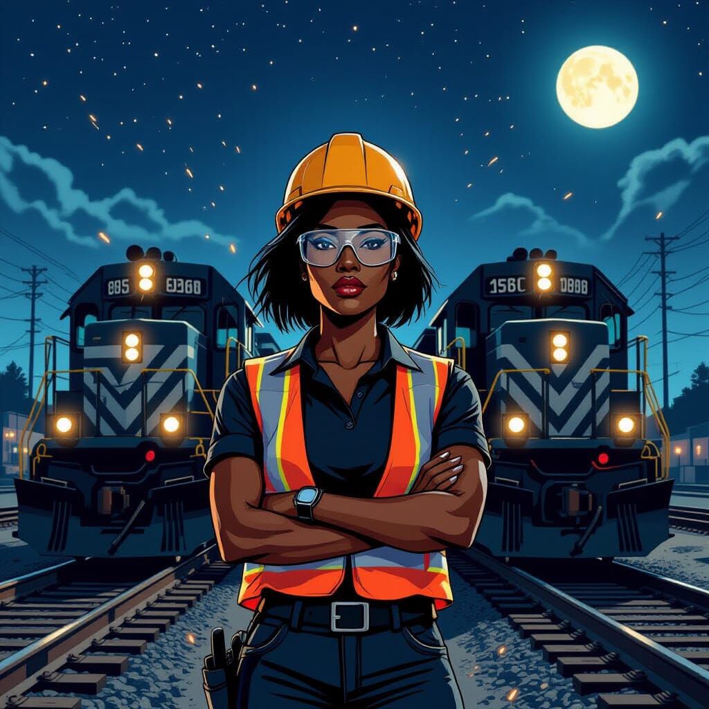 Masculine Black Woman in Safety Gear at Rail Yard