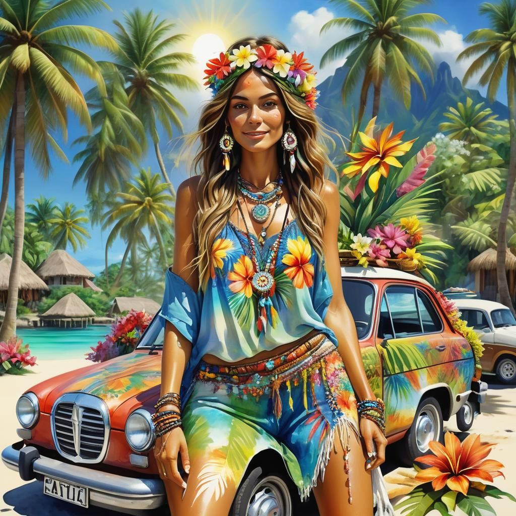 Hippie Woman on Tahiti Square in Watercolor Style