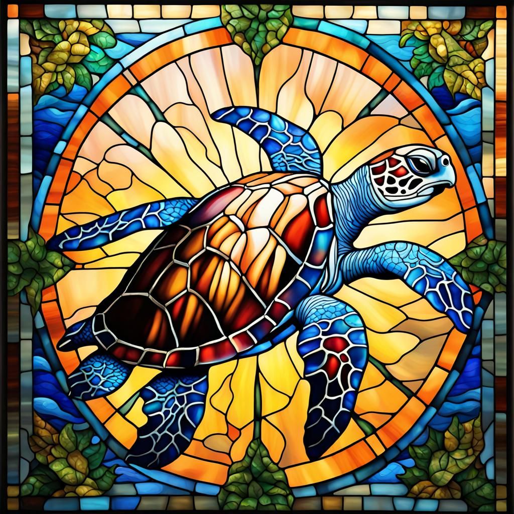 Majestic Sea Turtle in Stained-Glass Mosaic
