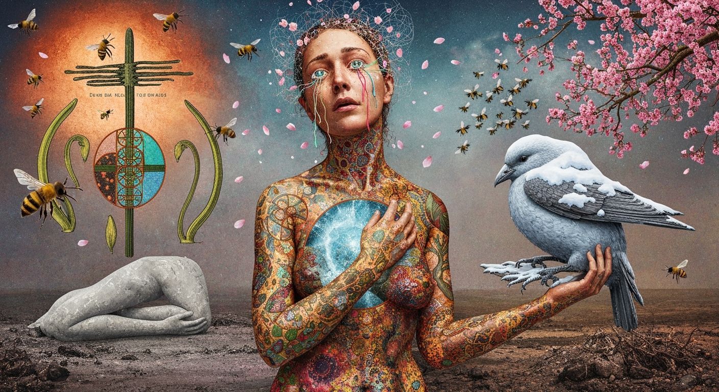 Mystical Bio Art Collage: Exile Rebel Under Blooming Moonlig...