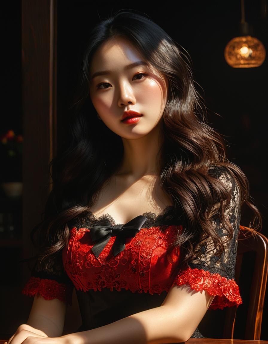 Korean Woman in Lace Dress, Oil Painting