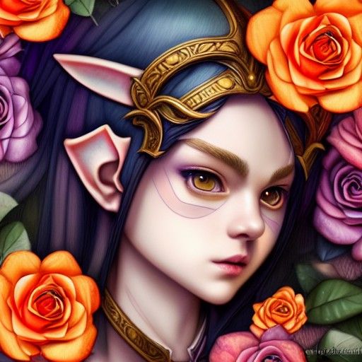 Elegant Elf with Rainbow Roses, Digital Illustration
