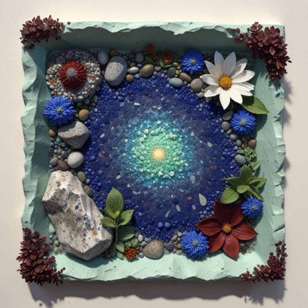 Seashore in Optical Art with Flowers and Rocks