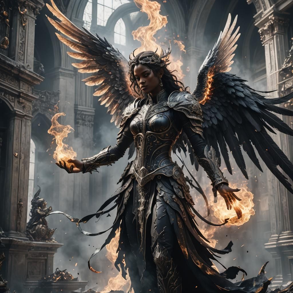 Black Angel of Smoke and Fire in White Room