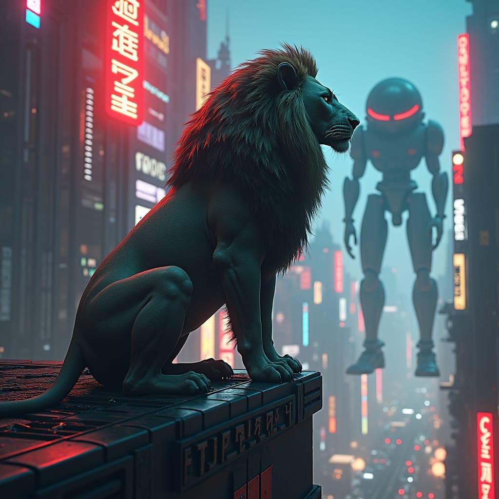 Cyberpunk Lion Overlooking Neon Metropolis