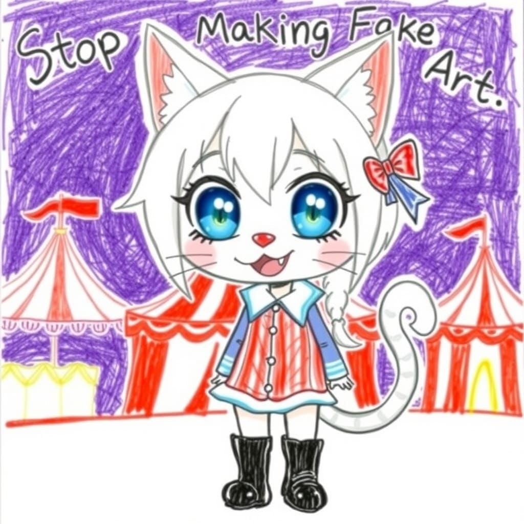 Childlike Crayon Drawing of Anime Catgirl Clown