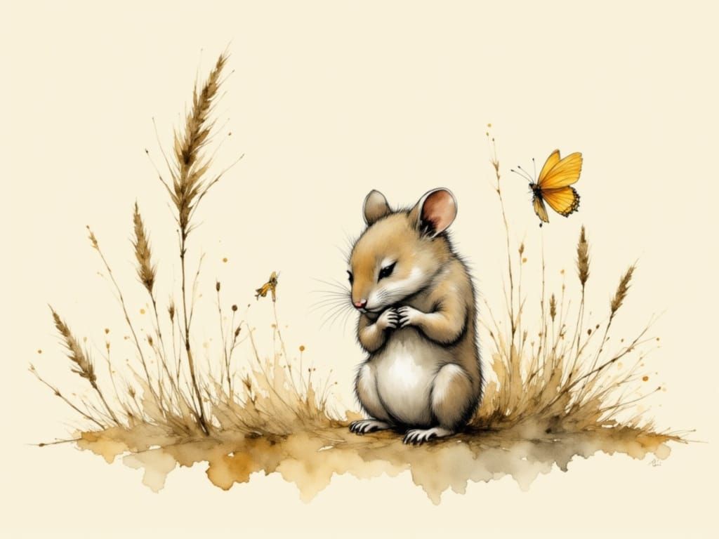 Timid Mouse in Field, Japanese Watercolor Style