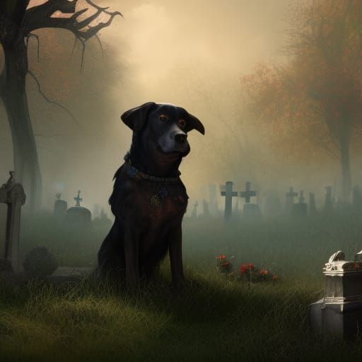 Ghost Dog Haunting Cemetery: Detailed Matte Painting