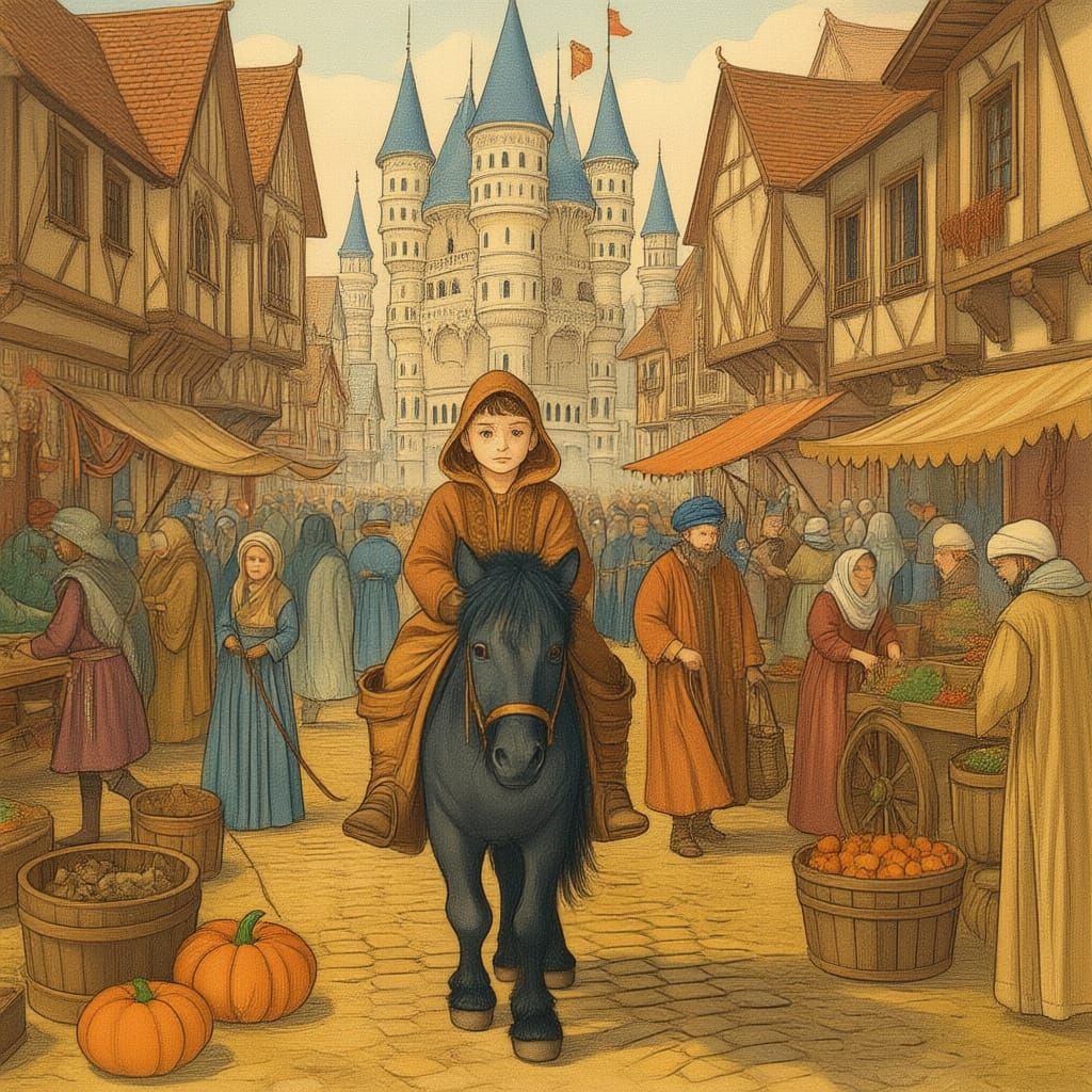 Boy in Cloak Rides Pony Through Bustling Medieval Street