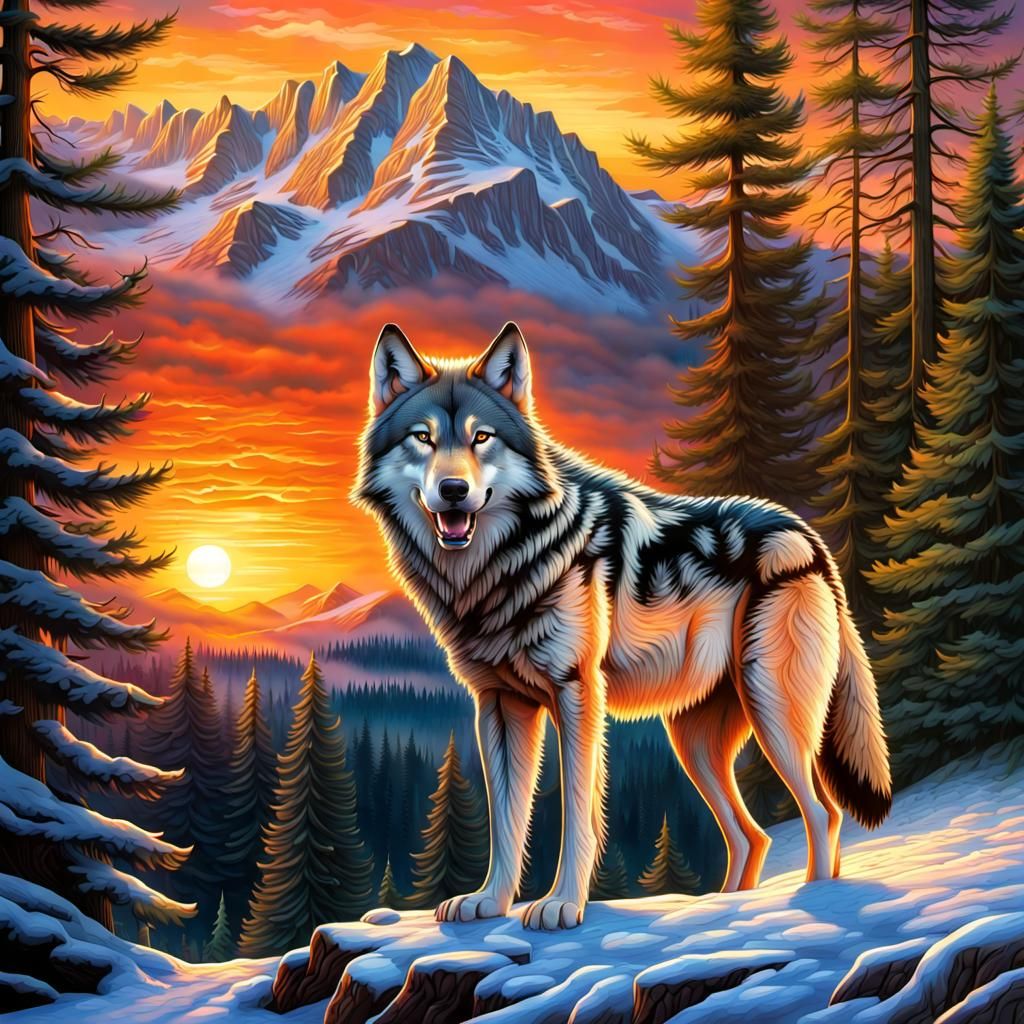 Majestic Alpha Wolf Howling at Sunset: 32k Resolution