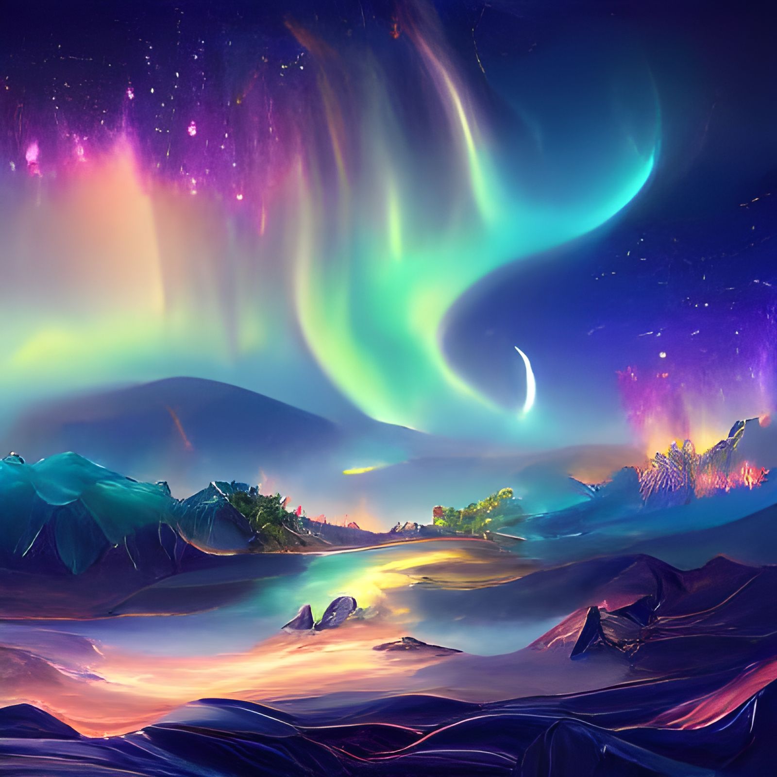 Aurora Borealis in a Fantastical Landscape