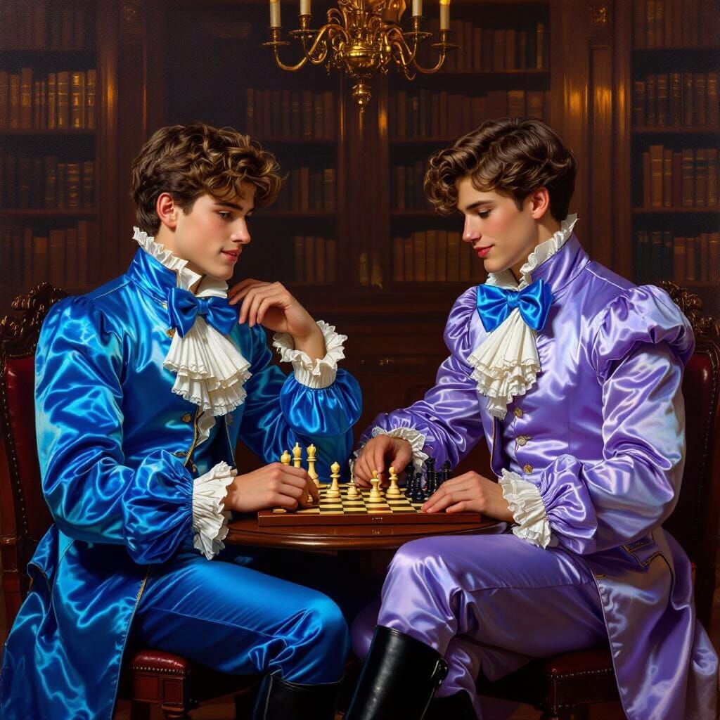 Teenage Boys in Satin Play Chess in an Elegant Library Oil P...