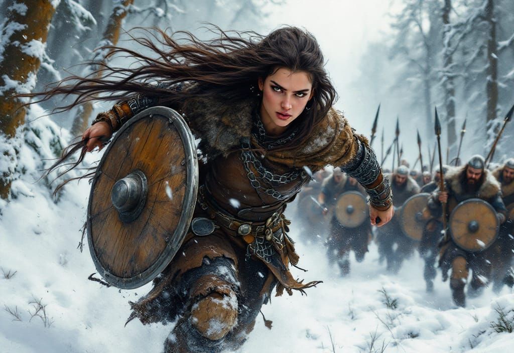 Hlín Leads Vikings Through Winter Forest, Gurney Style