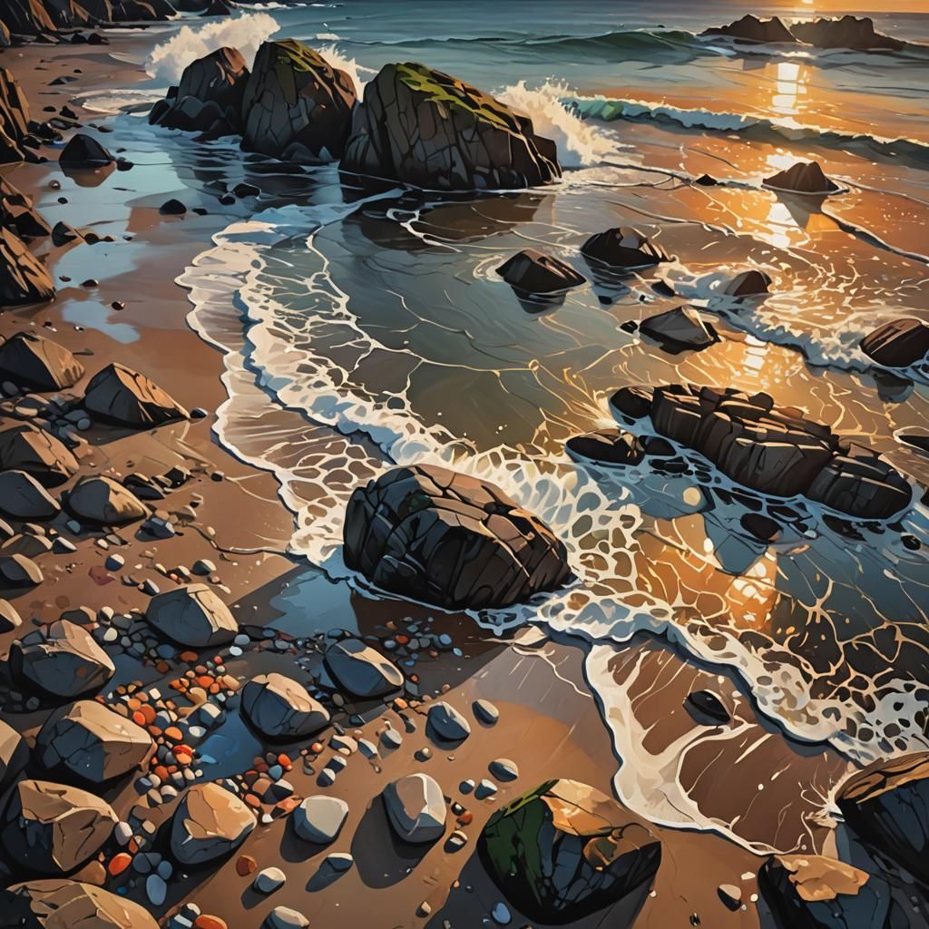 Hyperrealistic Sunset Over Rocky Beach in Ireland