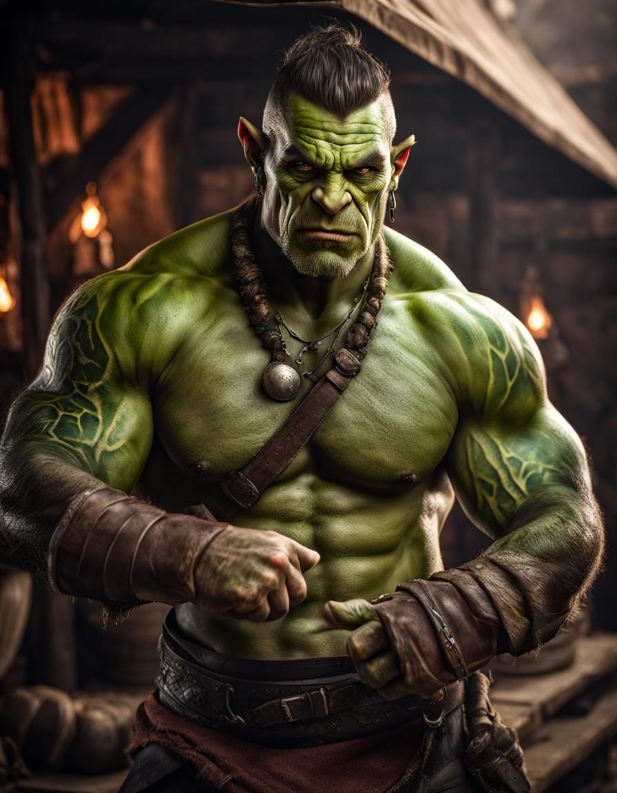 Friendly Orc Merchant Portrait in Dark Fantasy Style