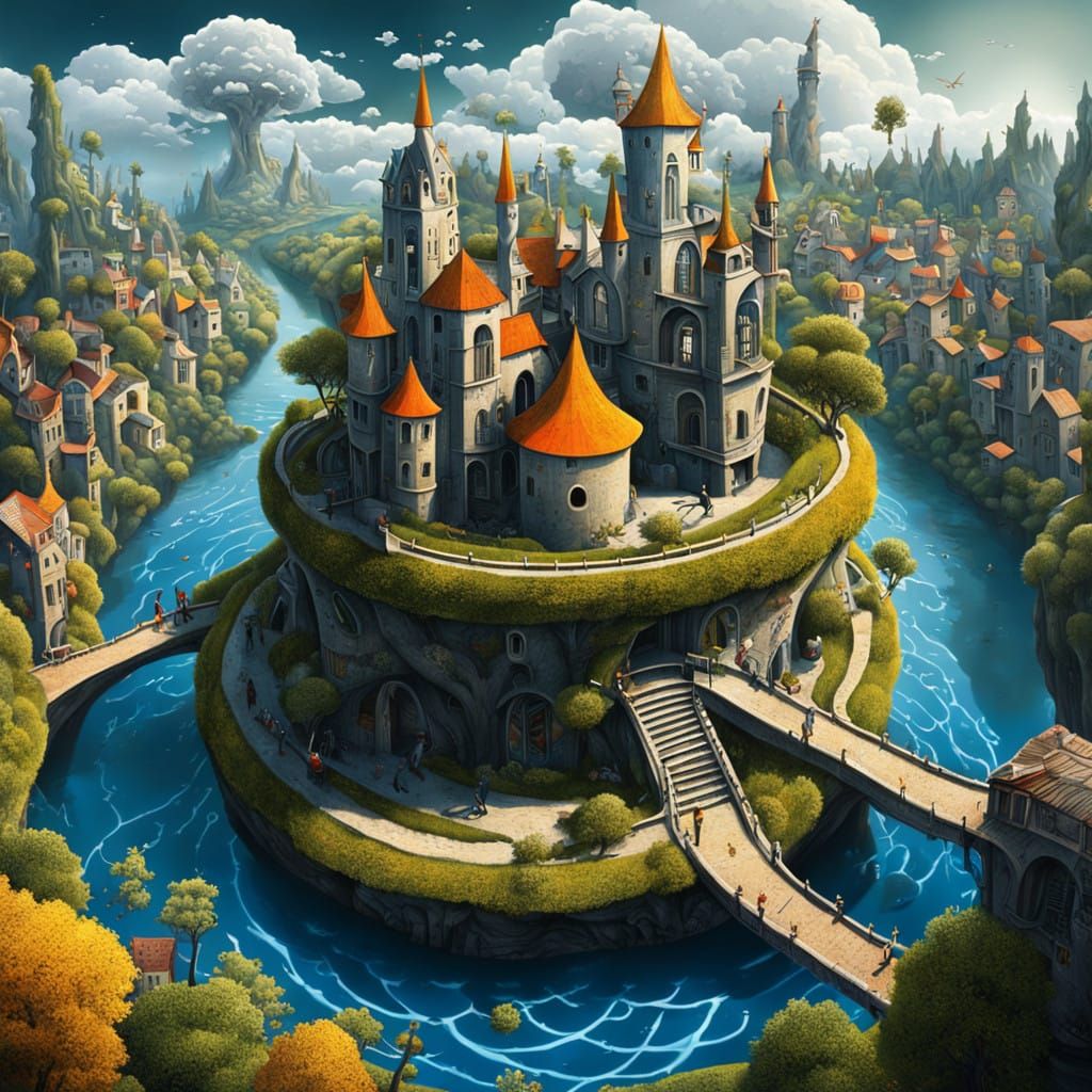 Surreal Scene in a Cylindrical Village by Escher, with Ancie...