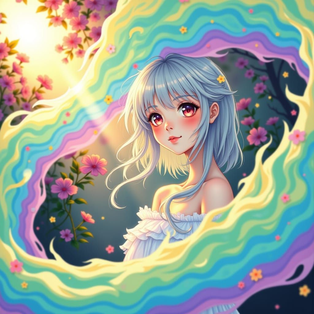 Enchanting Anime Maiden in Whimsical Prism of Colors