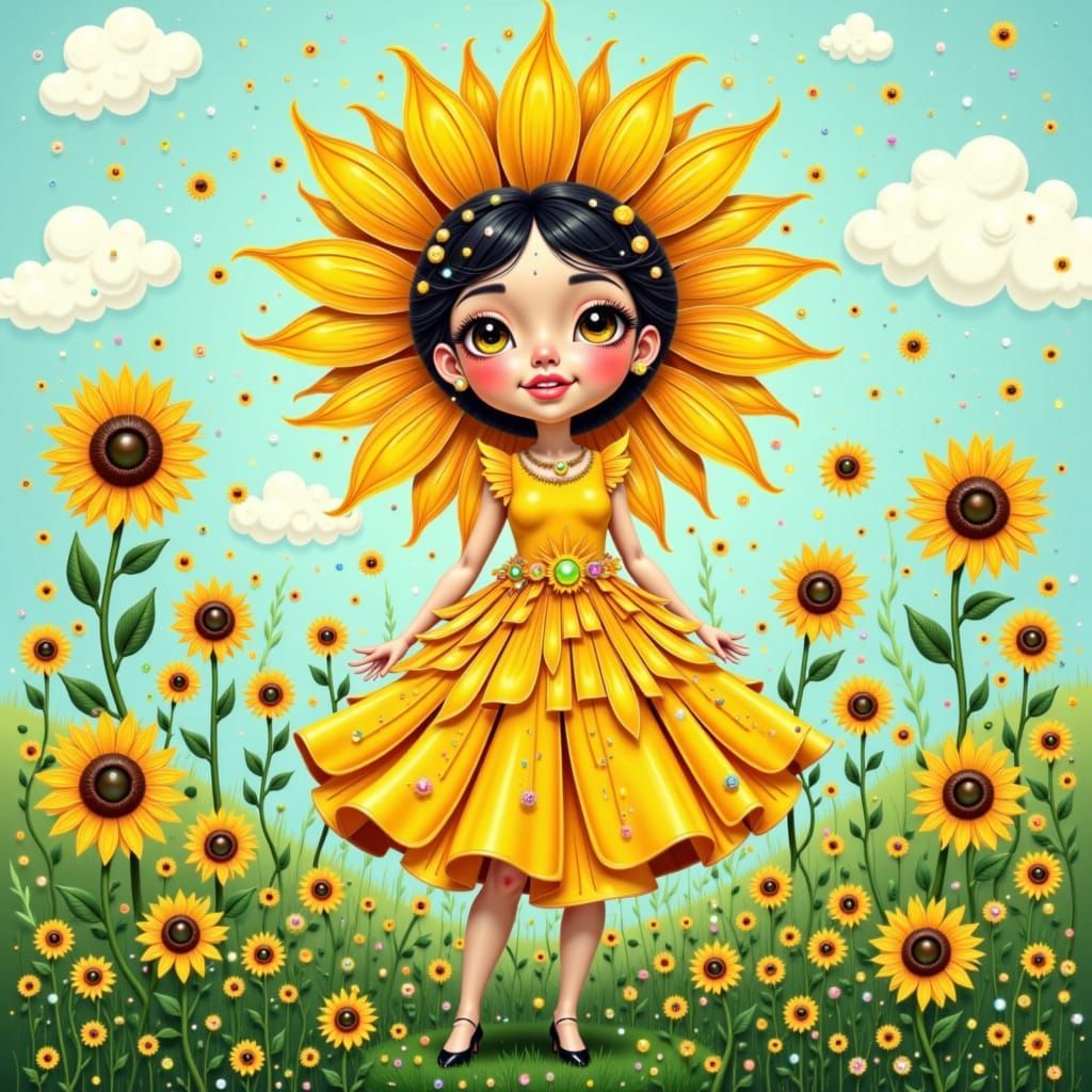 Happy Sunflower in a Meadow, Whimsical Illustration