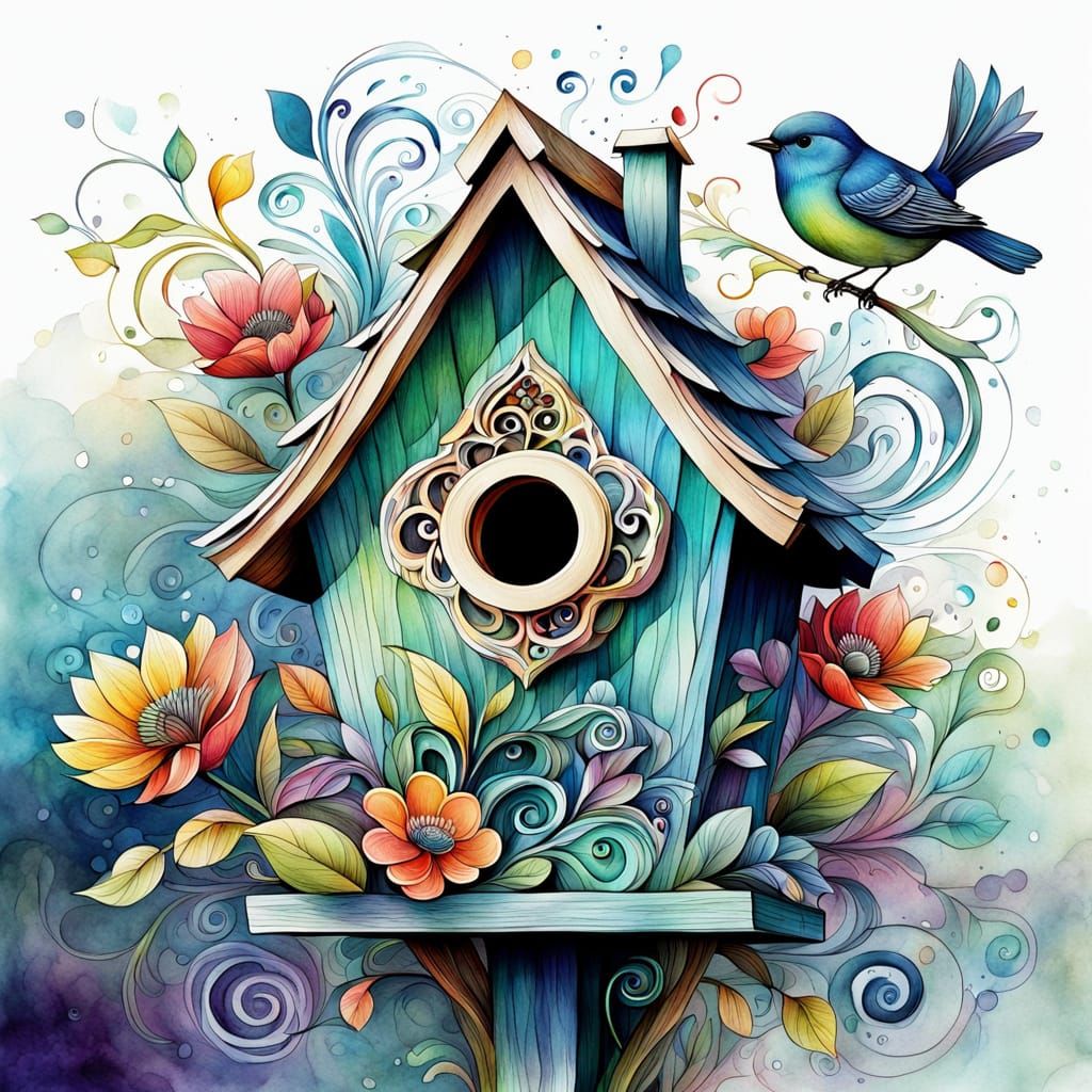 Abstract Fractal Birdhouse in Watercolor Style