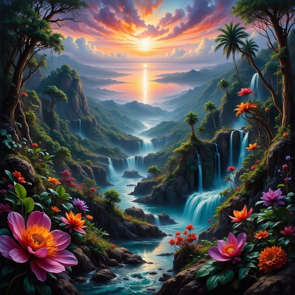 Vibrant Subtropical Forest with Waterfall at Dawn