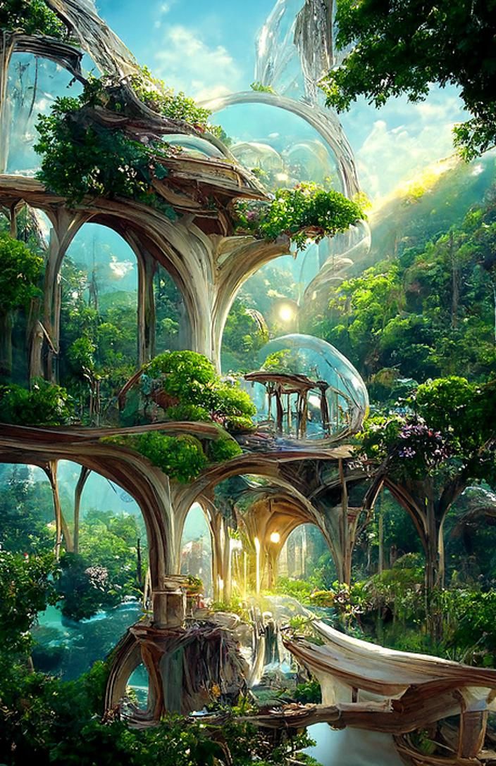 Solarpunk Treehouse Village in Elven Sci-Fi Style