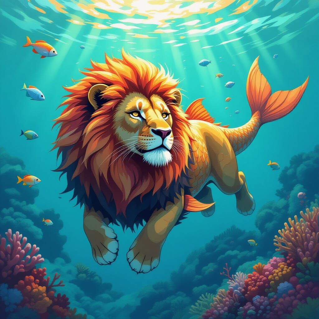 Lionfish Swimming in Coral Reef, Dreamlike Art