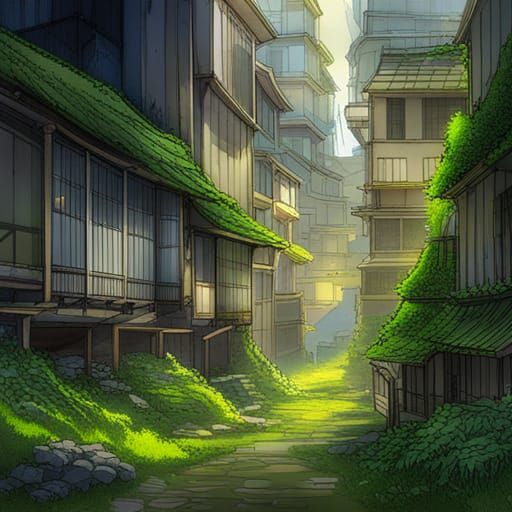Lush Overgrown City in Japanese Manga Style