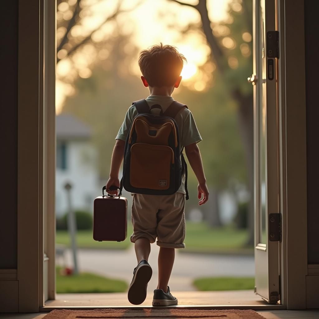 Sad Boy Walks to School: Realistic Photo