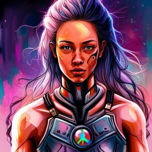 Cyborg Girl Portrait in Dusty Mars City: Graffiti Art