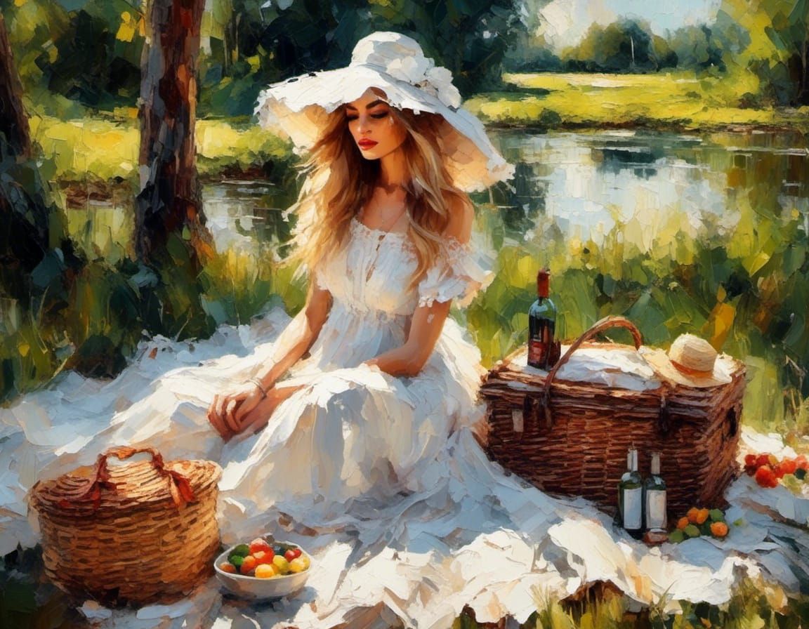 Elegant Lady's Countryside Picnic: An Oil Painting