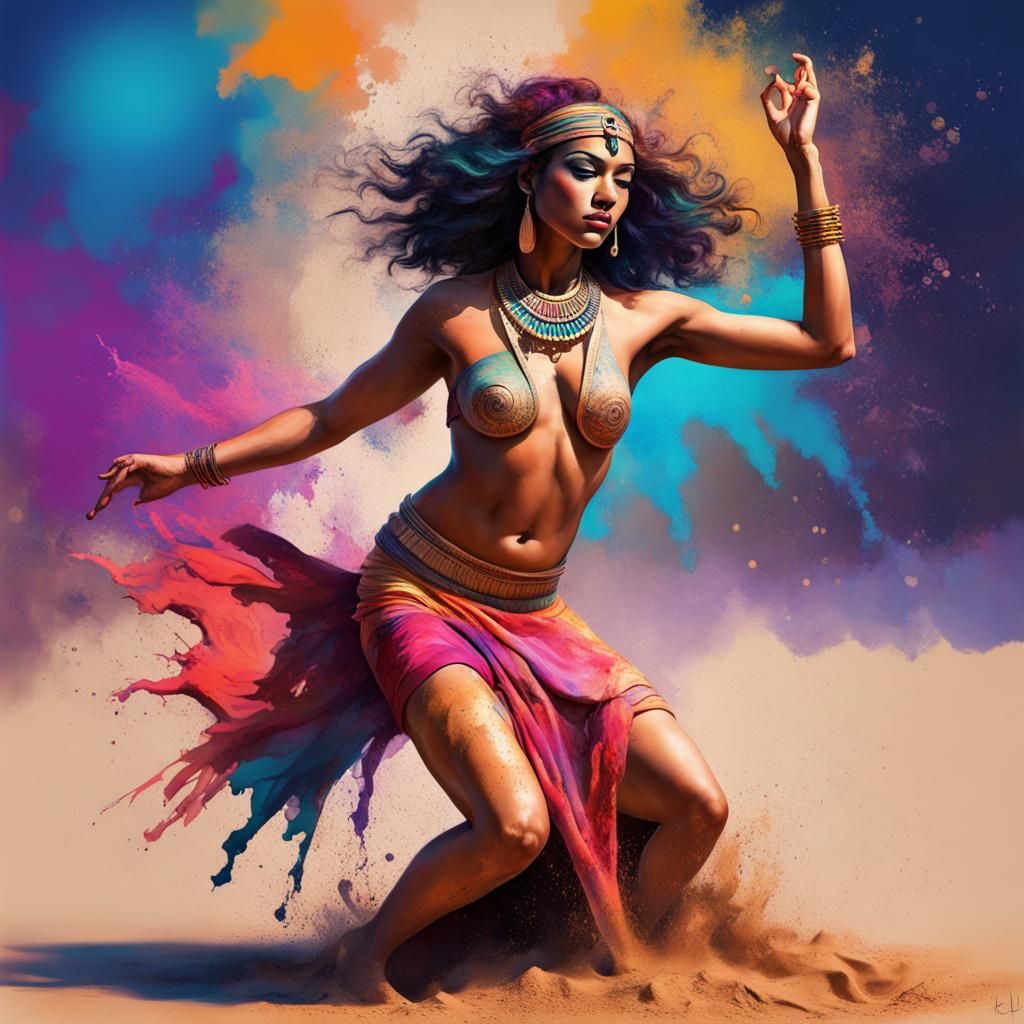 Egyptian Goddess Dancing in Sand with Abstract Elements
