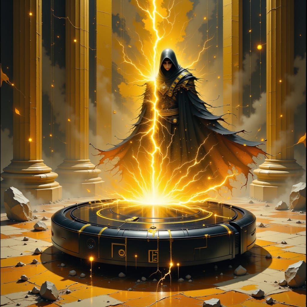 Sentient Roomba as Ancient Deity in Epic Fantasy Art