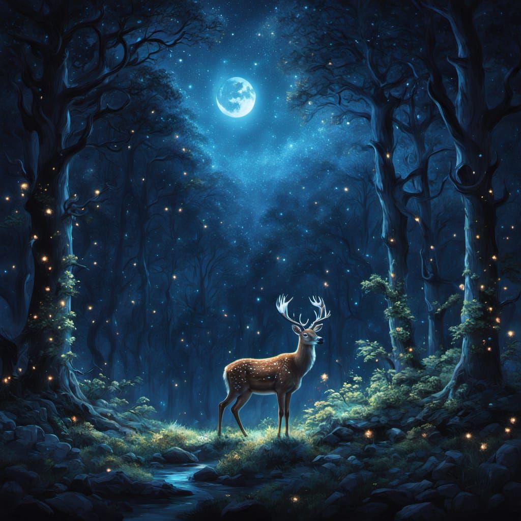 Stardust Deer in Moonlit Forest, Magical Realism