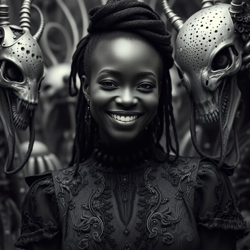 Gothic Woman Smiles Amid Biomechanical Art